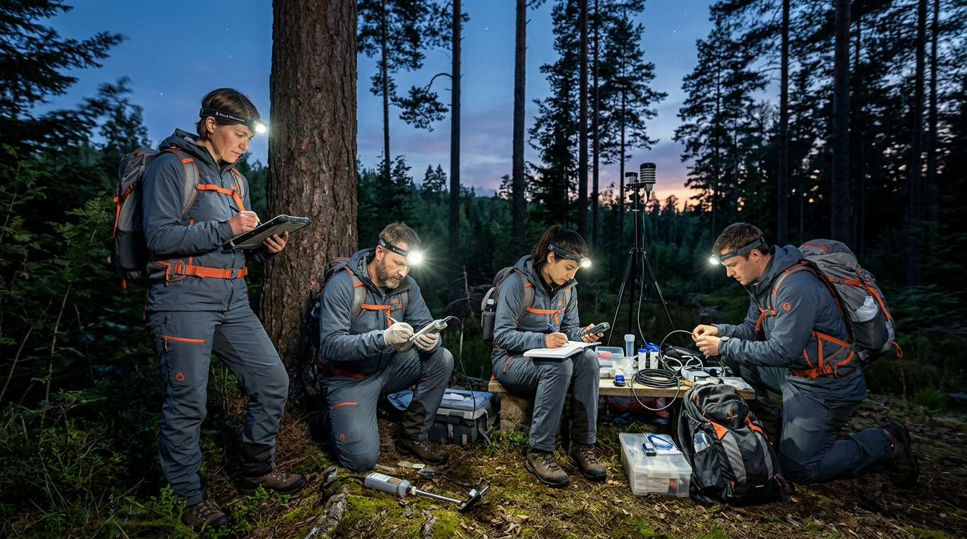 Équipe scientifique en forêt à la tombée du jour